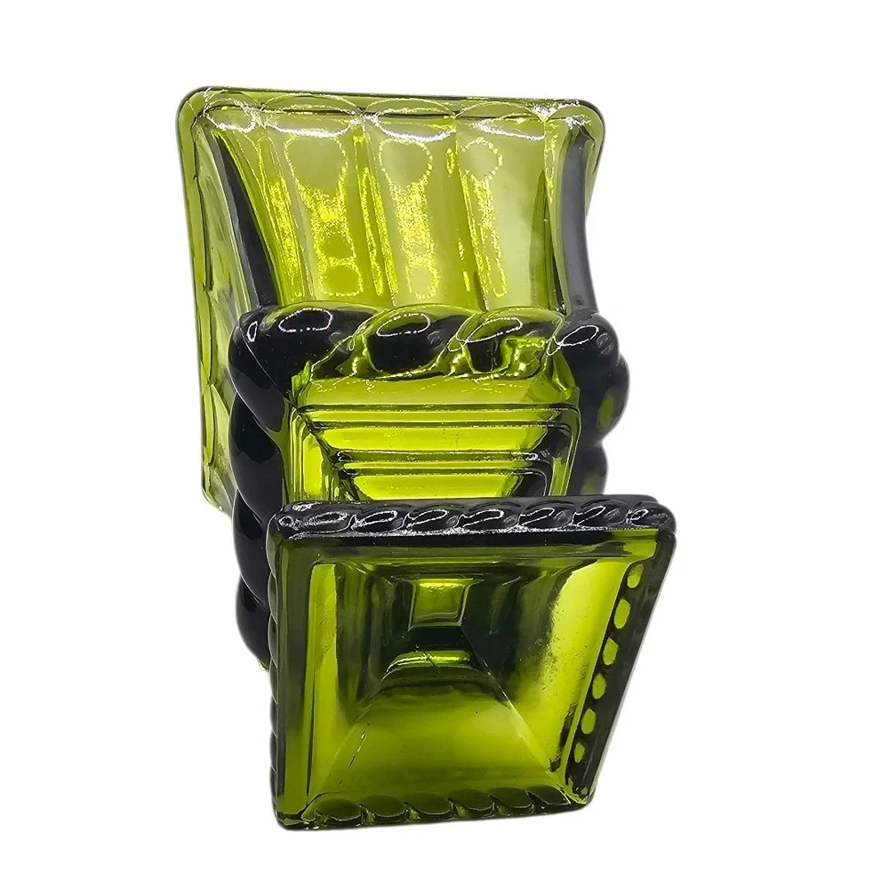 VTG 60s Heavy Olive Green Glass Rectangle Compote /Candy Dish Footed Ribbed Base
